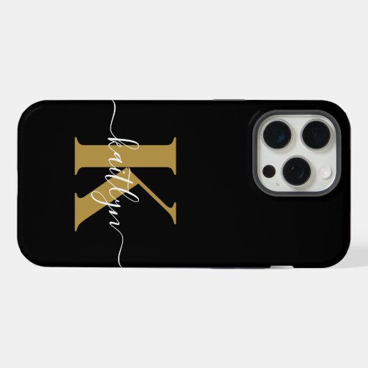 Elegantes Black-Gold-Script-Monogramm iPhone Hülle (Rückseite (Horizontal))
