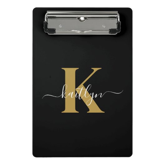 Elegantes Black-Gold-Script-Monogramm Mini Klemmbrett (Vorderseite)