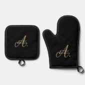 Elegantes Black-Gold-Script-Monogramm Ofenhandschuh & Topflappen-Set (Vorderseite)