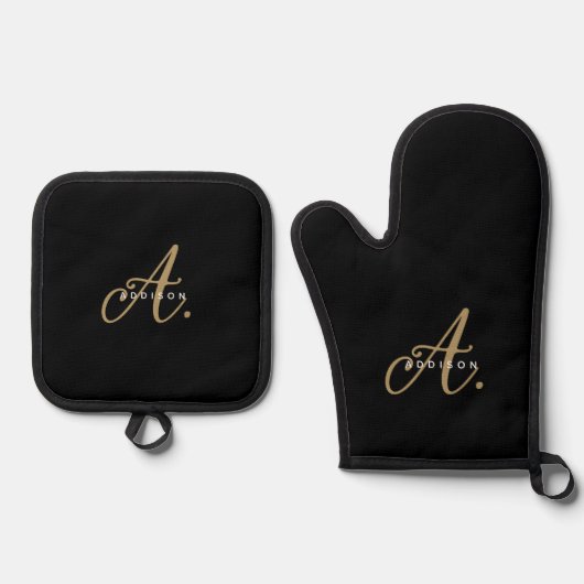 Elegantes Black-Gold-Script-Monogramm Ofenhandschuh & Topflappen-Set (Vorderseite)