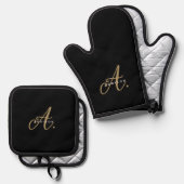 Elegantes Black-Gold-Script-Monogramm Ofenhandschuh & Topflappen-Set (Vorderseite/Rückseite)