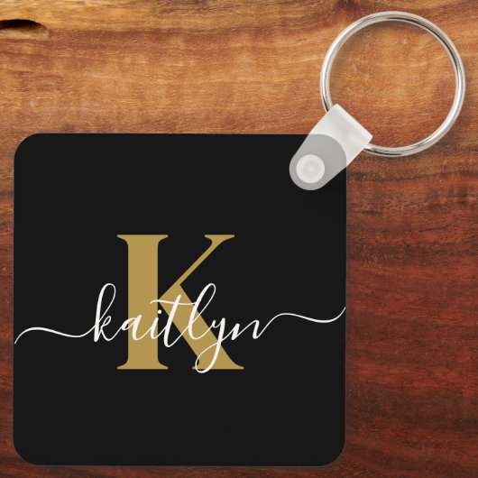 Elegantes Black-Gold-Script-Monogramm Schlüsselanhänger (Rückseite)