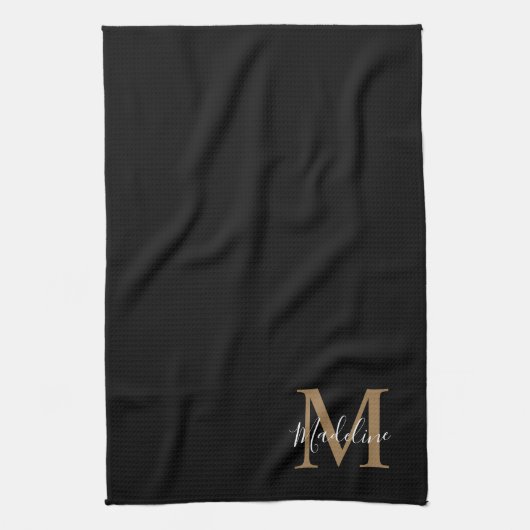 Elegantes Black-Gold-Script-Typografy Monogram Geschirrtuch (Vertikal)