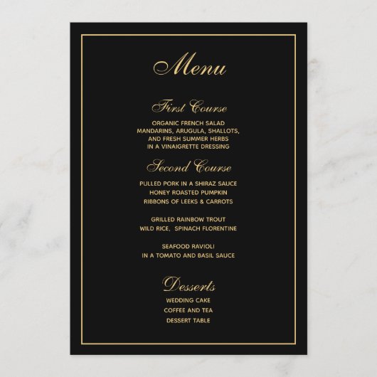 Elegantes Black Gold Script Wedding Menü Menükarte (Vorderseite)