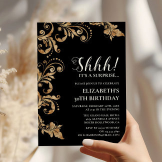 Elegantes Black & Gold Shh Überraschungs-Party Geb Einladung