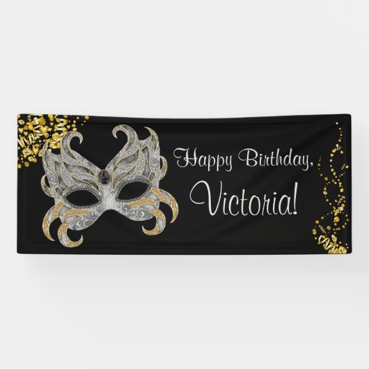 Elegantes Black Gold Silver Masquerade Party Banner (Horizontal)
