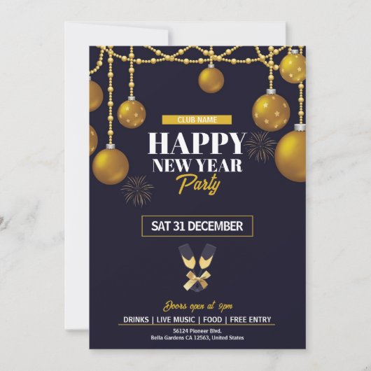 Elegantes Black & Gold Silvester Party Einladung (Vorderseite)