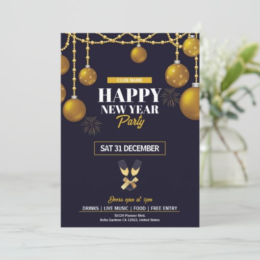 Elegantes Black & Gold Silvester Party Einladung (Stehend Vorderseite)