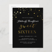 Elegantes Black & Gold Star Confetti Sweet 16 Einladungspostkarte (Vorne/Hinten)