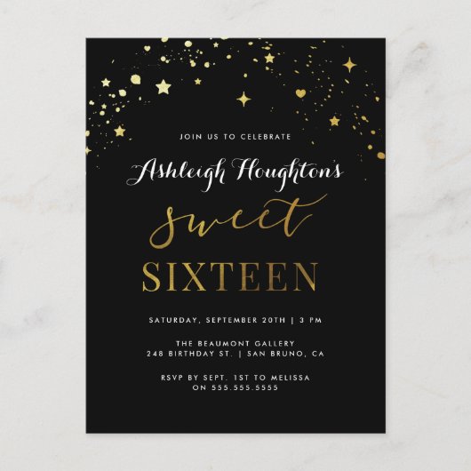 Elegantes Black & Gold Star Confetti Sweet 16 Einladungspostkarte (Vorderseite)
