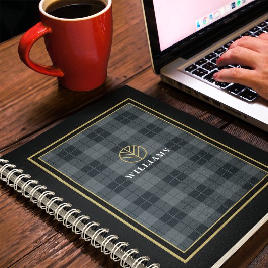 Elegantes Black Gold Tartan Kariert Mit Monogramm Notizblock