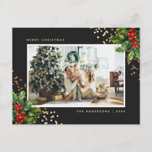 Elegantes Black Gold Watercolor Holly Foto Feiertagspostkarte