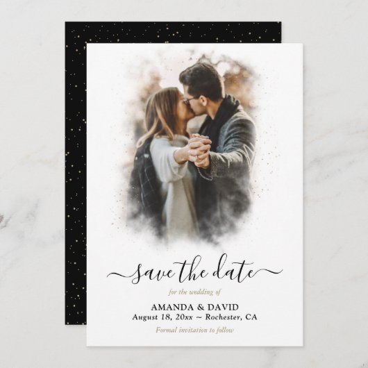 Elegantes Black Gold Wedding Foto Save the Date (Vorne/Hinten)