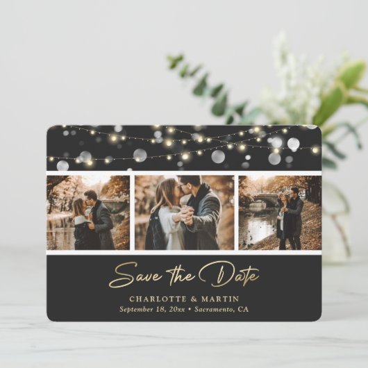 Elegantes Black Gold Wedding Foto Save the Date (Stehend Vorderseite)