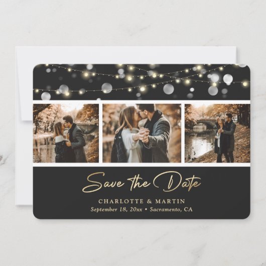 Elegantes Black Gold Wedding Foto Save the Date (Vorderseite)