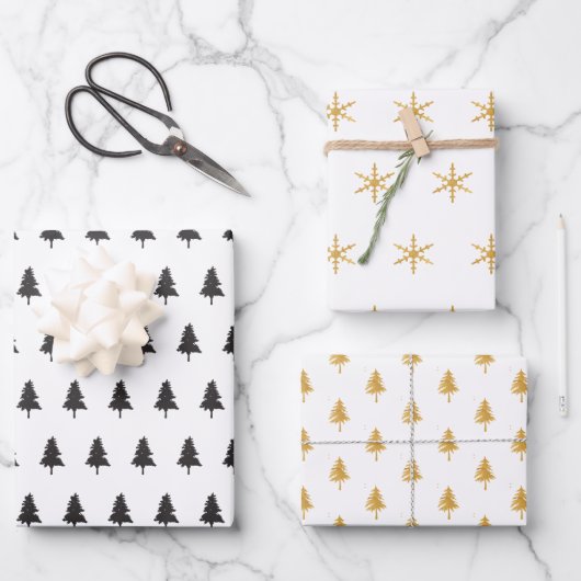 Elegantes Black Gold Weihnachtsbaum Muster Geschen Geschenkpapier Set (Vorderseite)