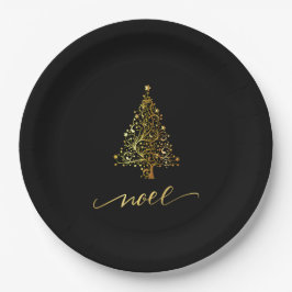 Elegantes Black & Gold Weihnachtsbaum Weihnachten Pappteller