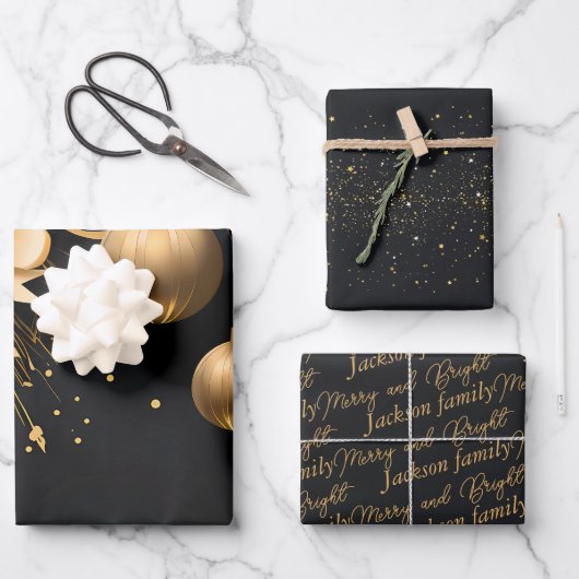 Elegantes Black & Gold Weihnachtswrapping Geschenkpapier Set (Vorderseite)