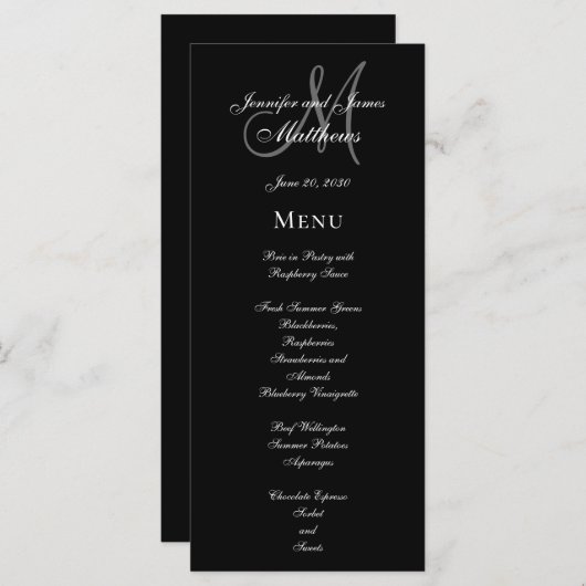 Elegantes Black Gray Monogram Script Wedding Menu Menükarte (Vorne/Hinten)