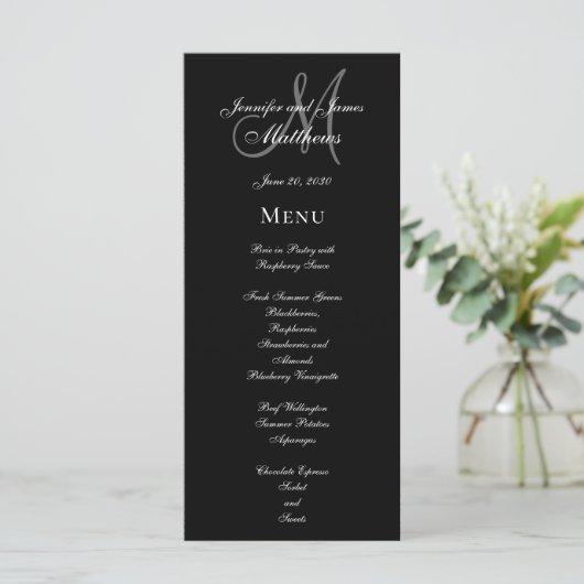 Elegantes Black Gray Monogram Script Wedding Menu Menükarte (Stehend Vorderseite)