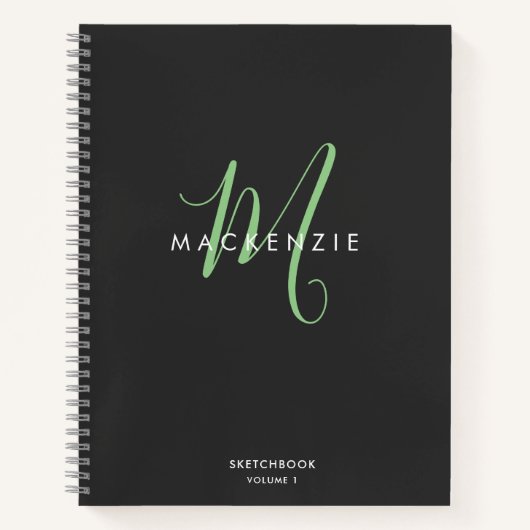 Elegantes Black Green Script Monogram Sketchbook Notizblock (Vorderseite)