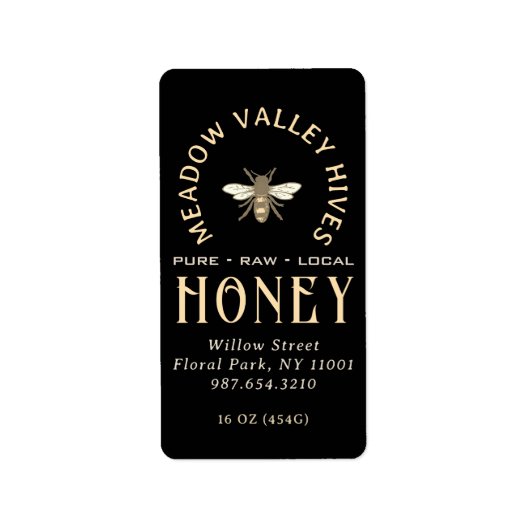 Elegantes Black HONEY Label mit Honigbiene und Bie Adressaufkleber (Vorne)