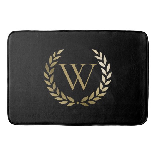 Elegantes Black Laurel Wreath Monogramm Badematte (Vorderseite)
