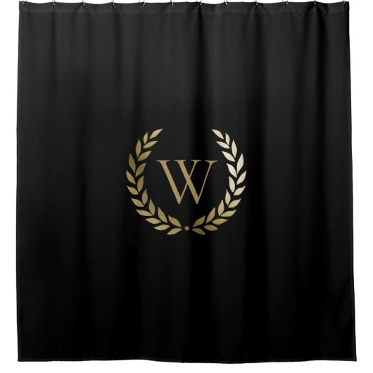 Elegantes Black Laurel Wreath Monogramm Duschvorhang (Vorderseite)