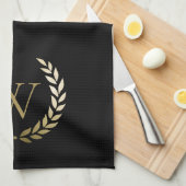 Elegantes Black Laurel Wreath Monogramm Geschirrtuch (Viertel Falte)