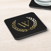 Elegantes Black Laurel Wreath Monogramm Getränkeuntersetzer (Linke Seite)