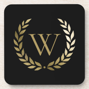 Elegantes Black Laurel Wreath Monogramm Getränkeuntersetzer