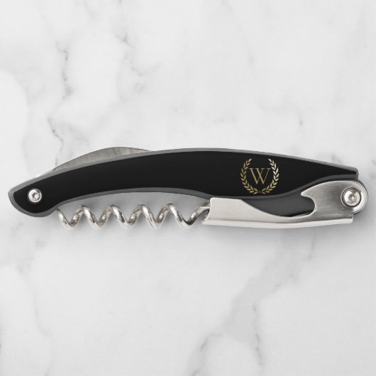Elegantes Black Laurel Wreath Monogramm Kellnermesser (Rückseite)