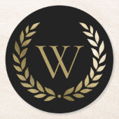 Elegantes Black Laurel Wreath Monogramm Runder Pappuntersetzer (Vorderseite)