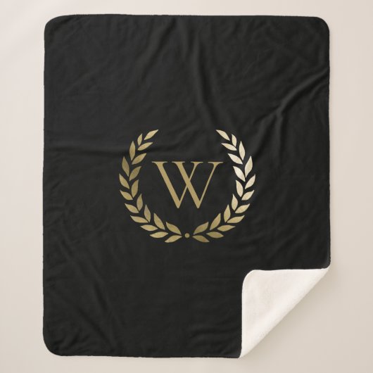 Elegantes Black Laurel Wreath Monogramm Sherpadecke (Vorderseite)
