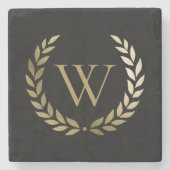 Elegantes Black Laurel Wreath Monogramm Steinuntersetzer (Vorderseite)