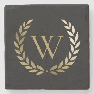 Elegantes Black Laurel Wreath Monogramm Steinuntersetzer