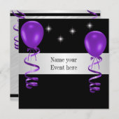 Elegantes Black Lila Balloons Special Einladung (Vorne/Hinten)