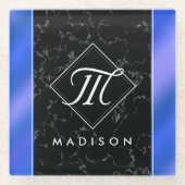 Elegantes Black Marble & Royal Blue Foil Monogramm Glasuntersetzer (Vorderseite)