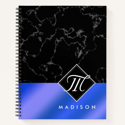 Elegantes Black Marble & Royal Blue Foil Monogramm Notizblock (Vorderseite)