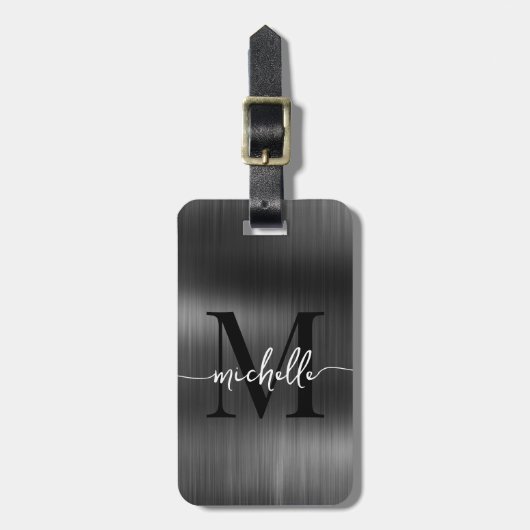Elegantes Black Metal Gold Monogram, Initialskript Gepäckanhänger (Vorderseite vertikal)