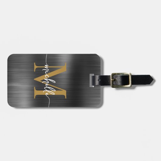 Elegantes Black Metal Gold Monogram, Initialskript Gepäckanhänger (Vorderseite horizontal)