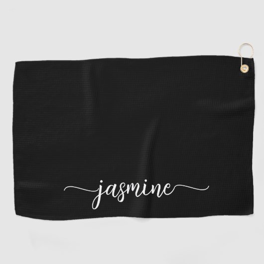 Elegantes Black Minimal Girly Monogram Name Script Golfhandtuch (Horizontal)
