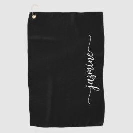 Elegantes Black Minimal Girly Monogram Name Script Golfhandtuch