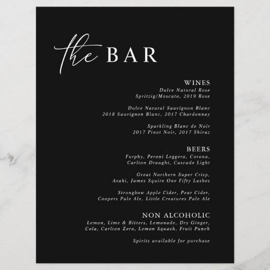 Elegantes Black Modern Minimalistisches Bar Menu (Vorderseite)