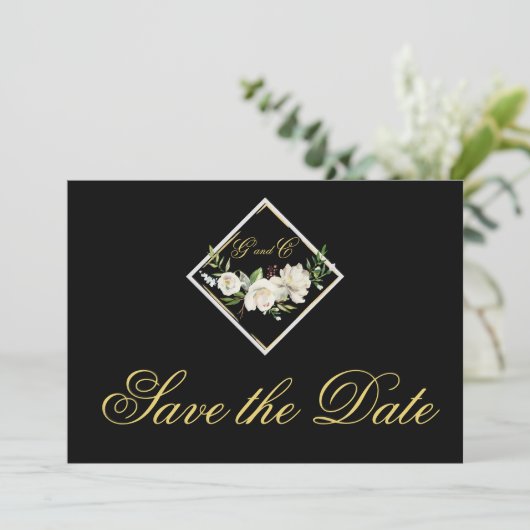 Elegantes Black Monogram Gold Save the Date (Stehend Vorderseite)