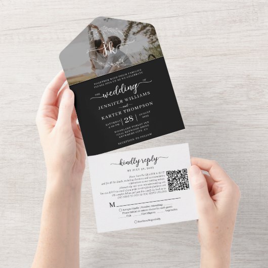 Elegantes Black Monogram QR Code Foto Hochzeit All In One Einladung (Abreißen)