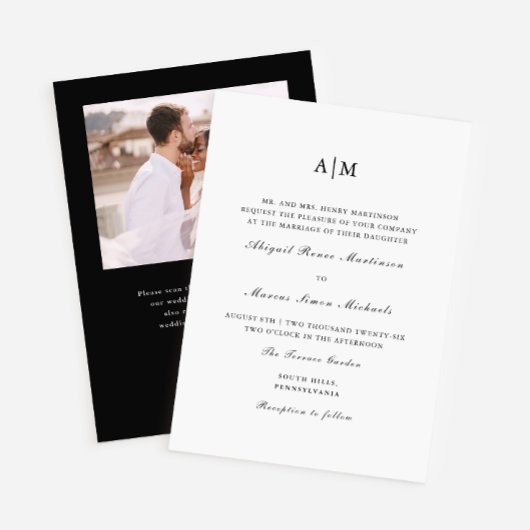 Elegantes Black Monogram QR UAwg Wedding Einladung
