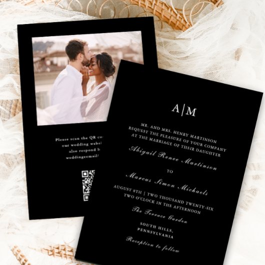 Elegantes Black Monogram QR UAwg Wedding Einladung