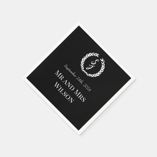 Elegantes Black Monogram Wreath Wedding Dinner Serviette (Ecke)