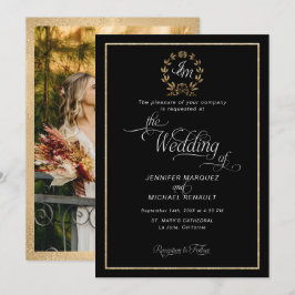 Elegantes Black n Gold Wreath Monogram Foto Weddin Einladung